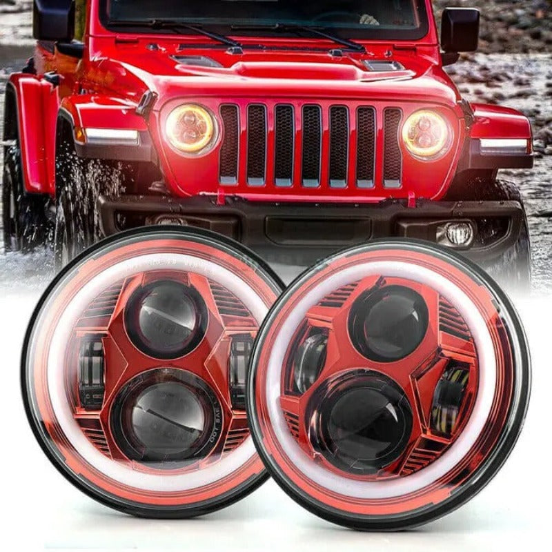 Set Of 2 Red Halo Headlights Compatible With Jeep