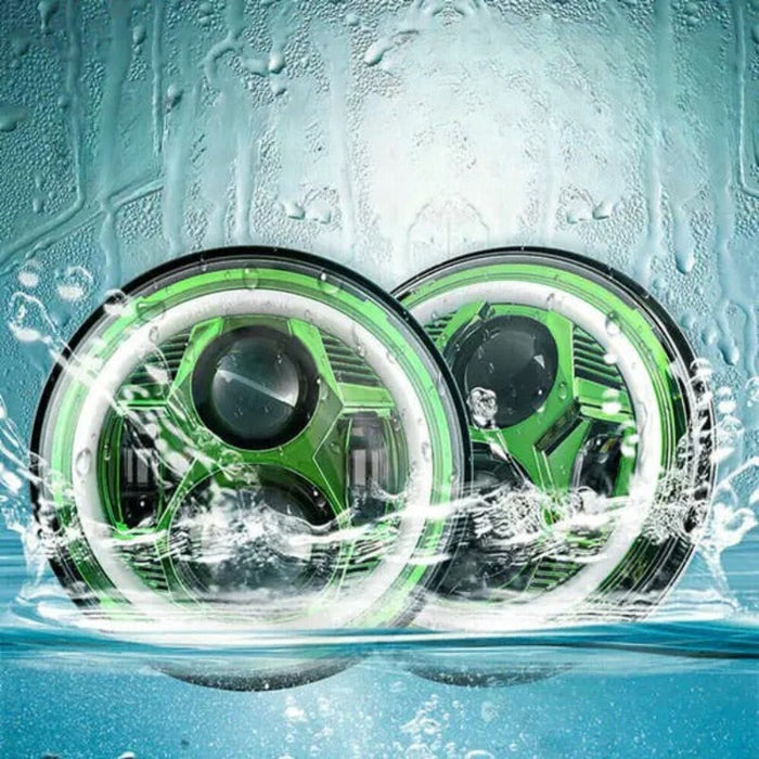 Set Of 2 Green Halo Headlights For Jeep